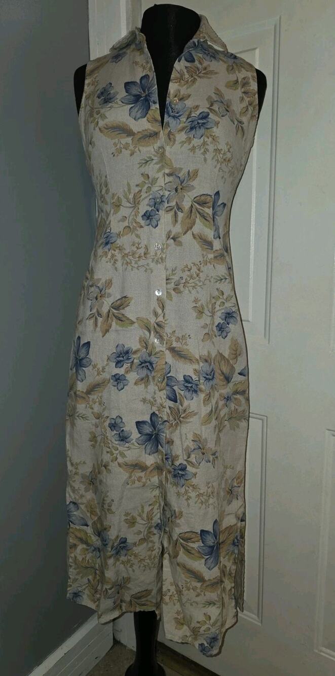 Vtg Statements Floral Linen Button Front Maxi Dress Sleeveless 4P Resort Wear